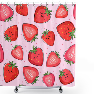 Personality  Seamless Pattern With Kawaii Fruits. Cheerful Design For Kids Clothes With Cute Strawberry Characters And Sliced Strawberry On Pink Background. Shower Curtains