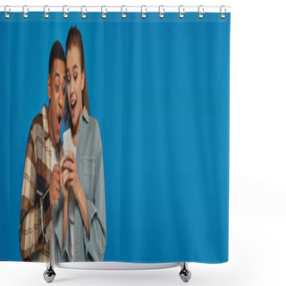 Personality  Amazed Interracial Couple Looking At Smartphone On Blue Backdrop, Social Media Users, Banner Shower Curtains