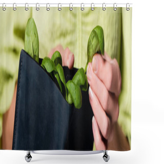 Personality  Cropped View Of Woman Holding Wallet With Fresh Spinach, Selective Focus, Banner Shower Curtains