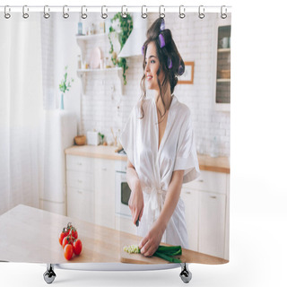 Personality  Cheerful Positive Young Woman Stand In Kitchen And Look At Window. Cut Green Onion On Desk. Female Housekeeper Wear White Dressing Gown. Alone In Kitchen. Red Pepper On Left Side. Shower Curtains