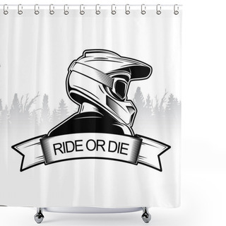Personality  Extreme Sport Logo Design. Motocross Downhill Mountain Biking Logo Template. Side View Of Man With Integral Helmet. Shower Curtains