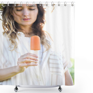 Personality  Young Woman Holding Delicious Popsicle Dessert Shower Curtains