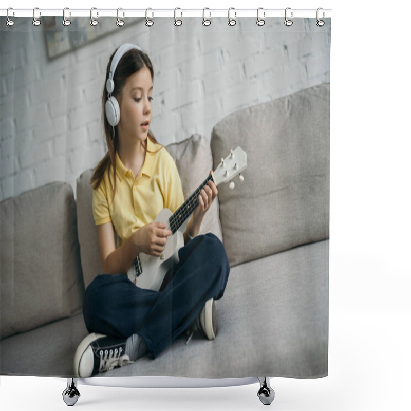 Personality  Girl In Wired Headphones Sitting On Sofa With Crossed Legs And Playing Ukulele Shower Curtains