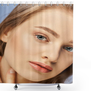 Personality  A Young Blonde Woman With Striking Blue Eyes, Up Close And Captivating. Shower Curtains