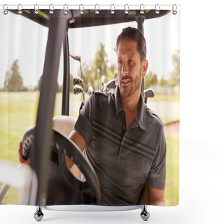 Personality  Mature Man Playing Golf Driving Buggy Along Course To Green On Red Letter Day Shower Curtains