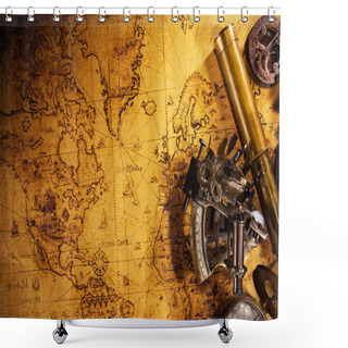 Personality  Top View Of Vintage Navigation Equipment On Old World Map. Shower Curtains