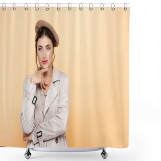 Personality  Fashionable Woman In Trench Coat And Beret Touching Chin While Looking At Camera On Peach Shower Curtains