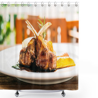 Personality  Grilled Lamb Chop Steak With Vegetable And Sauce In White Plate Shower Curtains