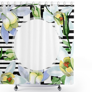 Personality  White Aquilegia Flowers. Frame Ornament Round. Watercolor Background Illustration. Beautiful Aquilegia Flowers Drawing In Aquarelle Style. Shower Curtains
