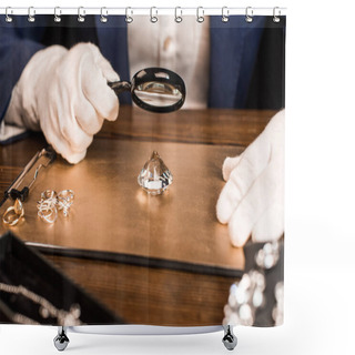 Personality  Cropped View Of Jewelry Appraiser Examining Gemstone With Magnifying Glass Near Jewelry On Board On Table Isolated On Black  Shower Curtains