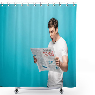 Personality  Angry Young Man Reading Newspaper With Fake News On Blue Background Shower Curtains