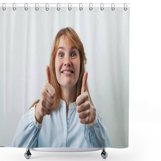 Personality  Pretty And Funny Red-headed Woman Smiling And Showing Thumbs Up Feeling Enthusiastic And Satisfied With Good Offer  Shower Curtains