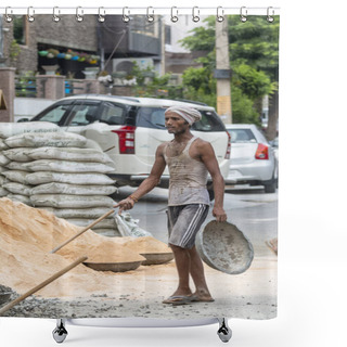 Personality  GHAZIABAD, UTTAR PRADESH, INDIA - OCTOBER 2021: Unidentified Indian Male Workers Working At Construction Site.   Shower Curtains