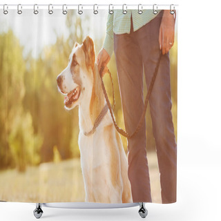 Personality  Man And Central Asian Shepherd Walk In The Park. Shower Curtains