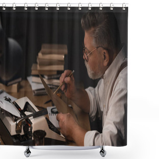 Personality  Serious Senior Writer Working With Manuscript Shower Curtains