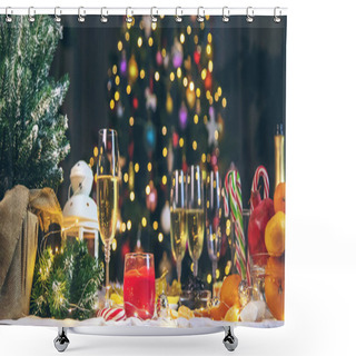 Personality  Christmas Table With Champagne And Food. Selective Focus. Holiday. Shower Curtains