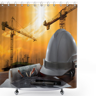 Personality  Safety Helmet And Architect Pland On Wood Table With Sunset Scen Shower Curtains