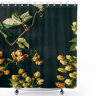 Personality  Flat Lay With Hops And Green Leaves On Black Surface Shower Curtains