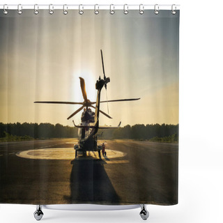 Personality  Helicopter Parking Landing On Offshore Platform, Helicopter Transfer Crews Or Passenger To Work In Offshore Oil And Gas Industry, Air Transportation For Support Passenger, Ground Service. Shower Curtains