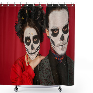 Personality  Hispanic Culture, Couple In Dia De Los Muertos Traditional Makeup Looking At Camera On Red, Portrait Shower Curtains