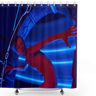 Personality  Extraterrestrial Humanoid Near Innovative High-tech Device In Neon-lit Science Center Of Future Shower Curtains