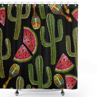 Personality  Embroidery Cactus And Maracas Seamless Pattern. Mexican Ethnic Shower Curtains