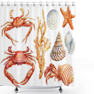 Personality  Set Of Shells, Crab, Starfish On An Isolated White Background, Watercolor Illustration Shower Curtains