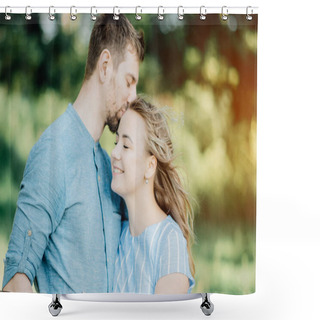 Personality  Perfect Couple Man And Girl On The Date Before The Wedding. A Photo Of A Happy Couple Hugging On Vacation In The Park Together Outside In Green Nature Shower Curtains