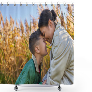 Personality  Happiness, Motherly Love, African American Mother In Autumnal Clothes Smiling With Son, Face To Face Shower Curtains