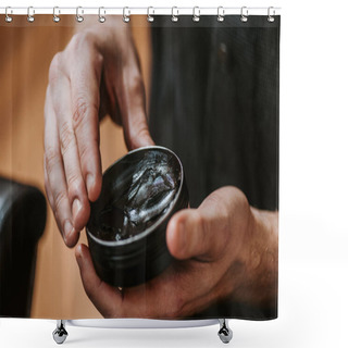 Personality  Cropped View Of Man Holding Jar With Black Hair Pomade  Shower Curtains
