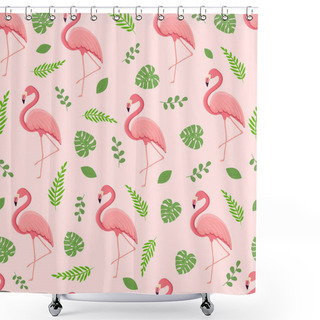 Personality  Seamless Pattern With Tropical Bird Flamingo, Leaves And Monster. Texture With A Bird For Textiles, Wallpaper, Print Design, Clothes Postcards. Vector Illustration Shower Curtains