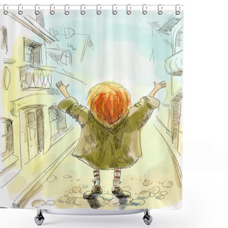 Personality  Red-haired Girl With His Hands Up Stands On The Street Shower Curtains