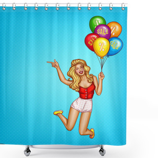 Personality  Vector Pop Art Blonde Woman Jumps With Balloons And Pointing Finger, Blue Dotted Background. Sale, Discount Illustration. Promo Banner, Advertising Poster. Ad Template With Happy Girl, Teenage. Shower Curtains