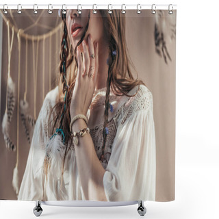 Personality  Cropped View Of Girl With Braids In White Boho Dress On Beige With Dream Catcher Shower Curtains