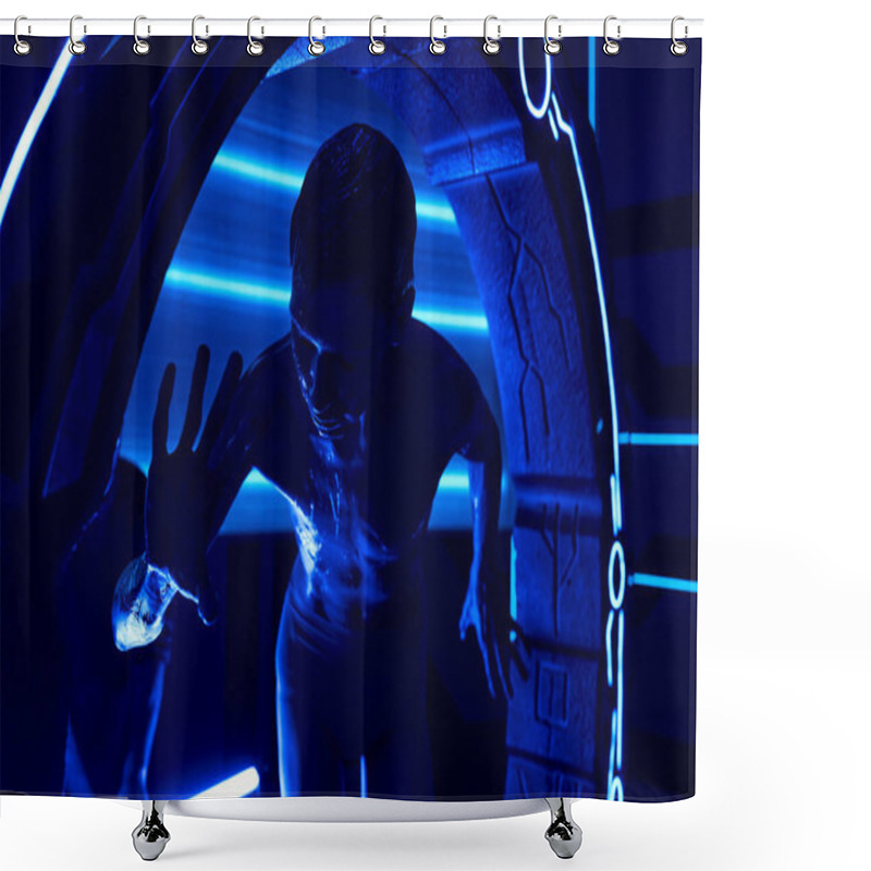 Personality  Cosmic Phenomenon, Extraterrestrial Humanoid Near Experimental Equipment In Neon-lit Science Center Shower Curtains