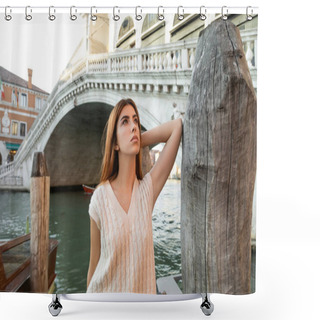 Personality  Young Woman Looking Away Near Wooden Piling And Rialto Bridge On Background In Venice Shower Curtains