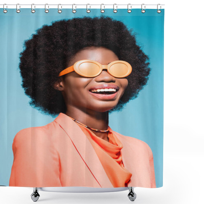 Personality  Happy African American Young Woman In Orange Stylish Outfit Isolated On Blue Background Shower Curtains