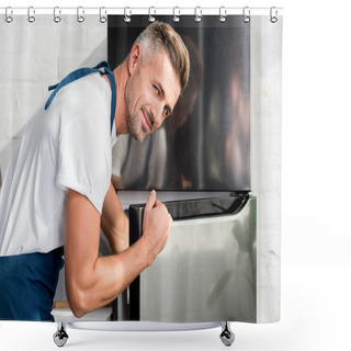 Personality  Adult Man Opening Shiny Silver Fridge Door  Shower Curtains