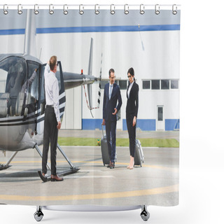 Personality  Business Partners In Formal Wear With Suitcases Near Pilot And Helicopter Shower Curtains