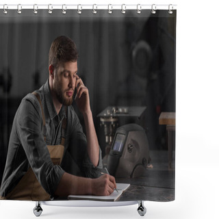 Personality  Male Worker Writing In Textbook And Talking On Smartphone  Shower Curtains