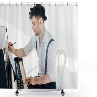 Personality  Focused Composer Writing In Music Book And Playing Piano  Shower Curtains