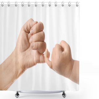Personality  Hands Of Baby And Elderly Man Making Pinkie Promise On White Background Shower Curtains