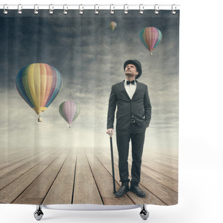 Personality  Imaginative Vintage Businessman With Hot Air Ballons Shower Curtains