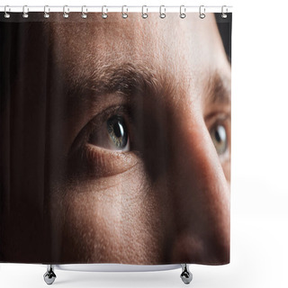 Personality  Close Up View Of Adult Man Looking Away In Darkness Shower Curtains