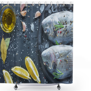 Personality  Elevated View Of Raw Fish Covered By Pepper And Rosemary In Tray On Black Table  Shower Curtains