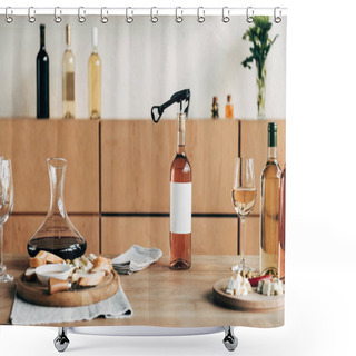 Personality  Bottles Of Wine, Wine Glasses, Jug And Food On Wooden Table Shower Curtains