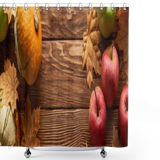 Personality  Panoramic Shot Of Small Pumpkins And Apples On Brown Wooden Surface With Dried Autumn Leaves Shower Curtains