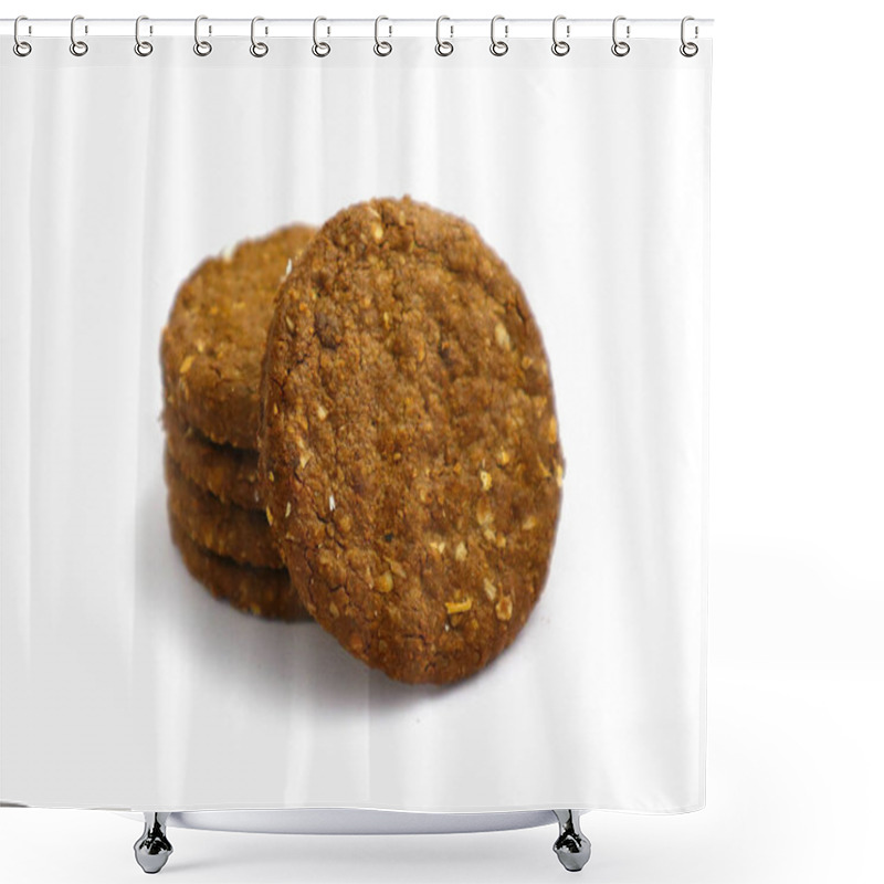 Personality  A pile of four healthy brown detailed cereal chocolate cookies. shower curtains