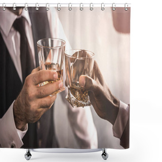 Personality  Cropped Shot Of Two Men In Formal Wear Clinking Whiskey Glasses Shower Curtains
