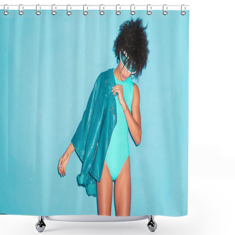 Personality  African American Model In Leather Jacket Shower Curtains